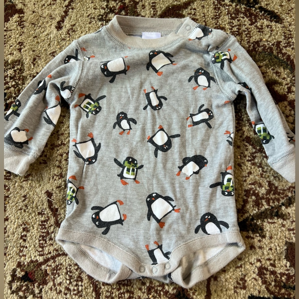 Gymboree Baby Boy Penguin Cotton Onesie Long Sleeve Gray and Black